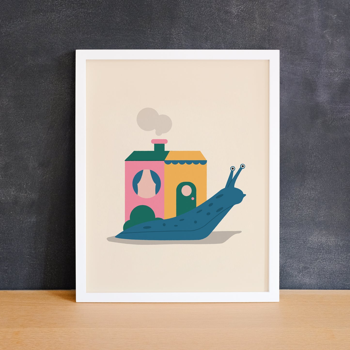 Fun print of a snail with a house instead of a shell. Made in Canada by Mad Love Creative Co.