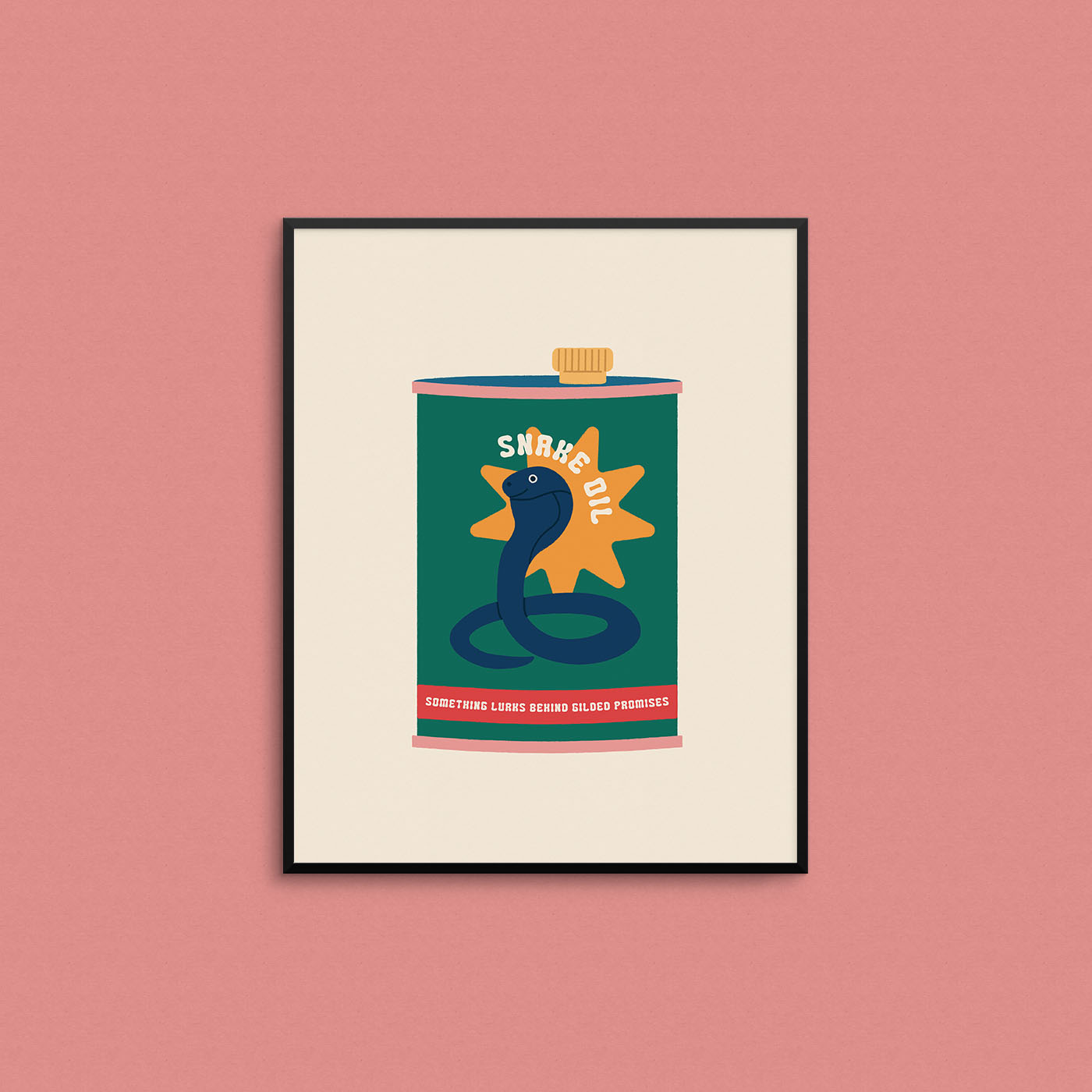 Fun print of an oil can with a snake and the text "snake oil". Made in Canada by Mad Love Creative Co.