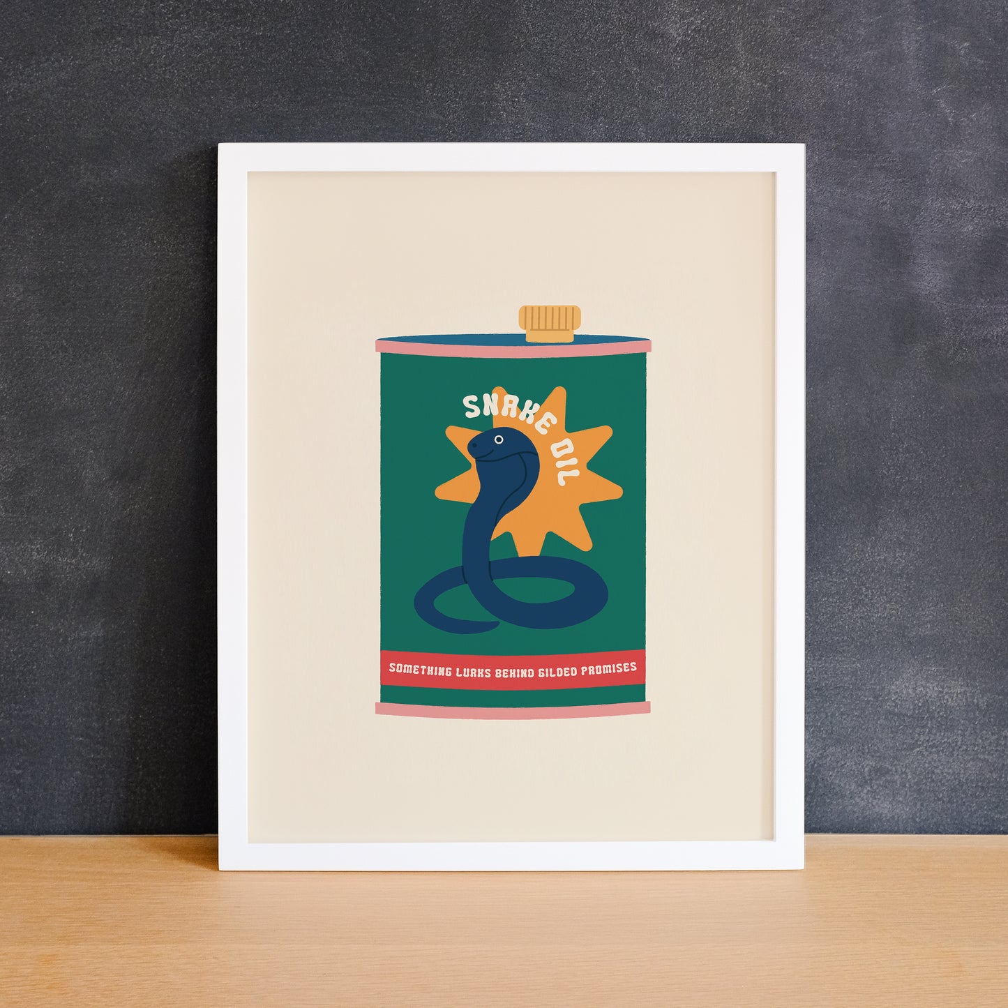 Fun print of an oil can with a snake and the text "snake oil". Made in Canada by Mad Love Creative Co.