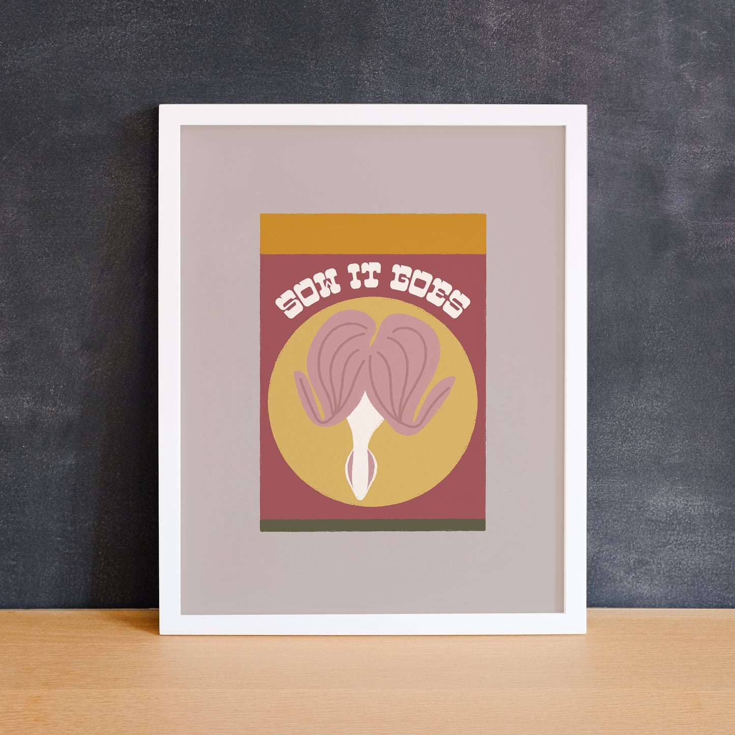 Print of a bleeding heart flower seed packet with the text "sow it goes". Made in Canada by Mad Love Creative Co.