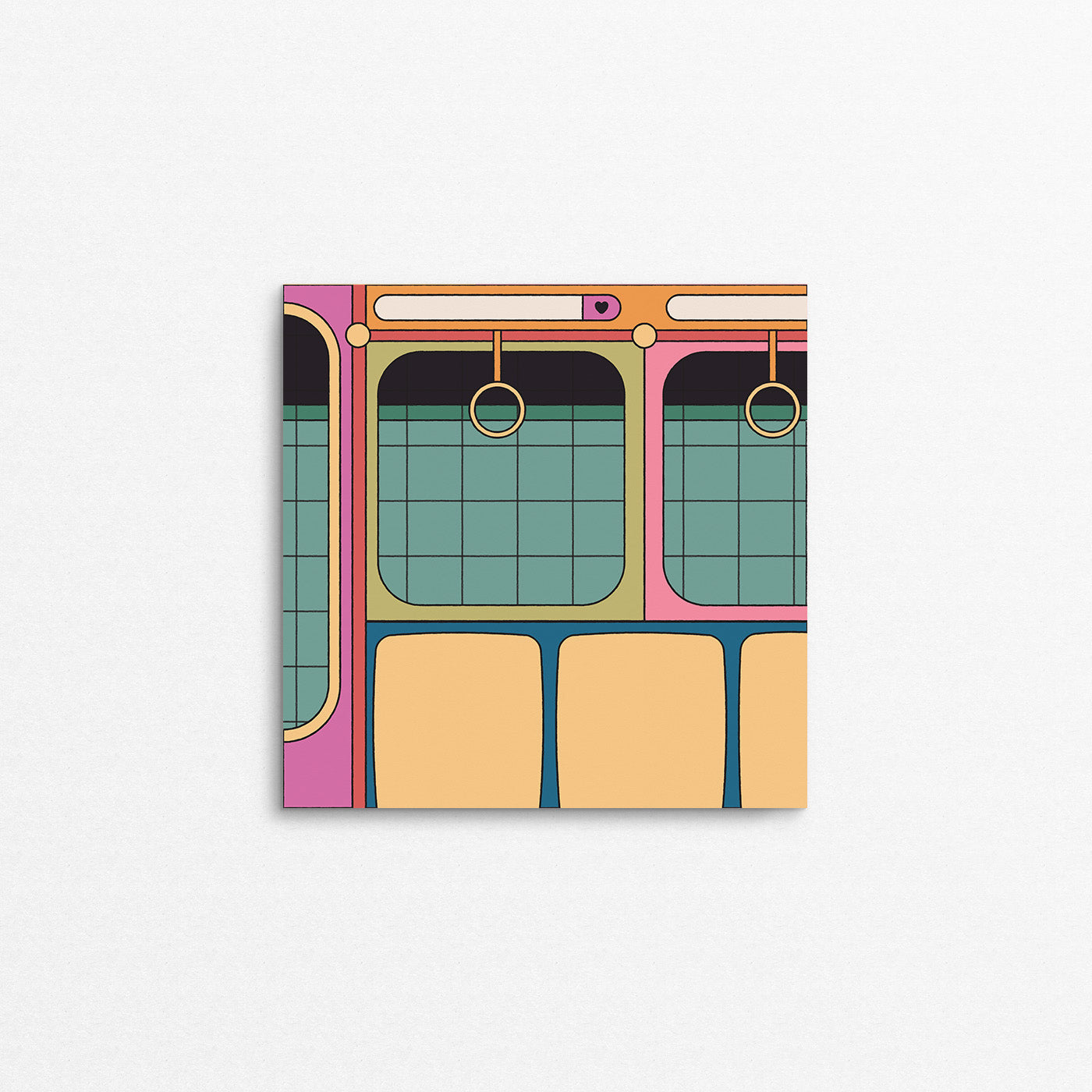 Colourful illustration of the inside of a subway car. Made in Canada by Mad Love Creative Co.