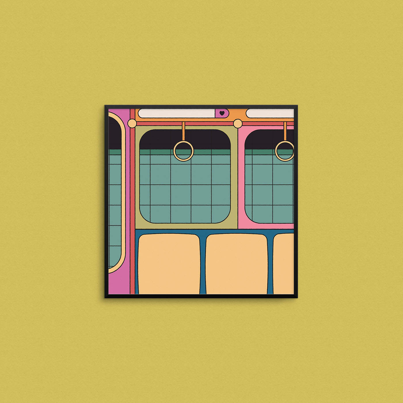 Colourful illustration of the inside of a subway car. Made in Canada by Mad Love Creative Co.