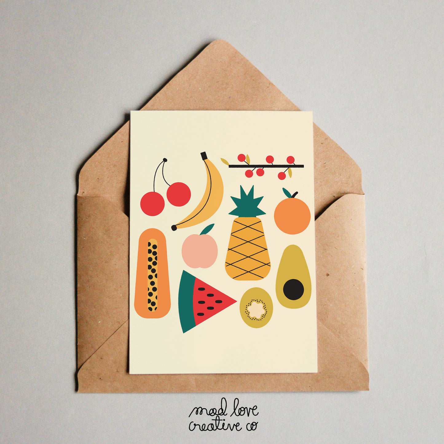 Any occasion greeting card featuring a number of fruits. Made in Canada by Mad Love Creative Co.