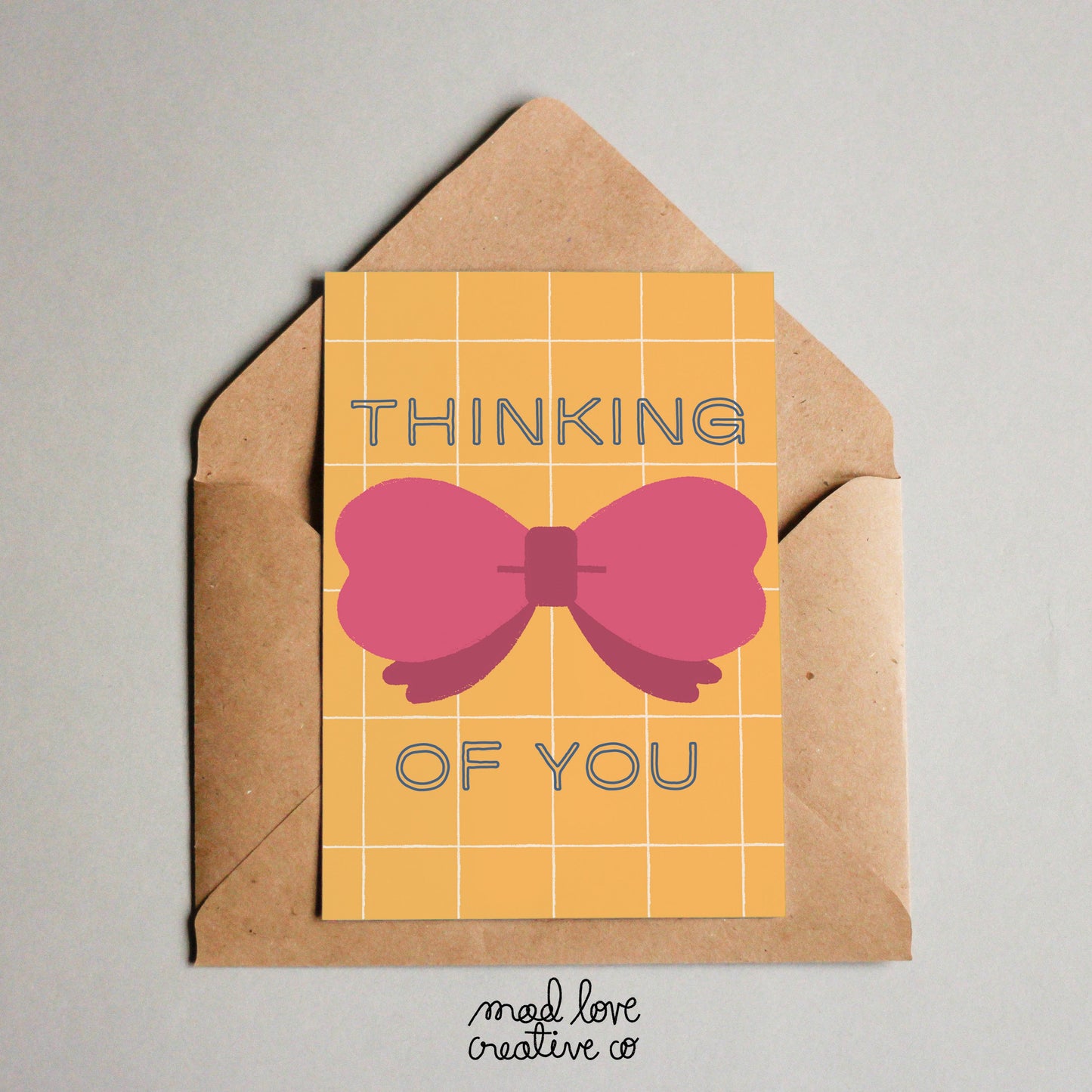 Cute thinking of you card with a pink bow. Made in Canada by Mad Love Creative Co.