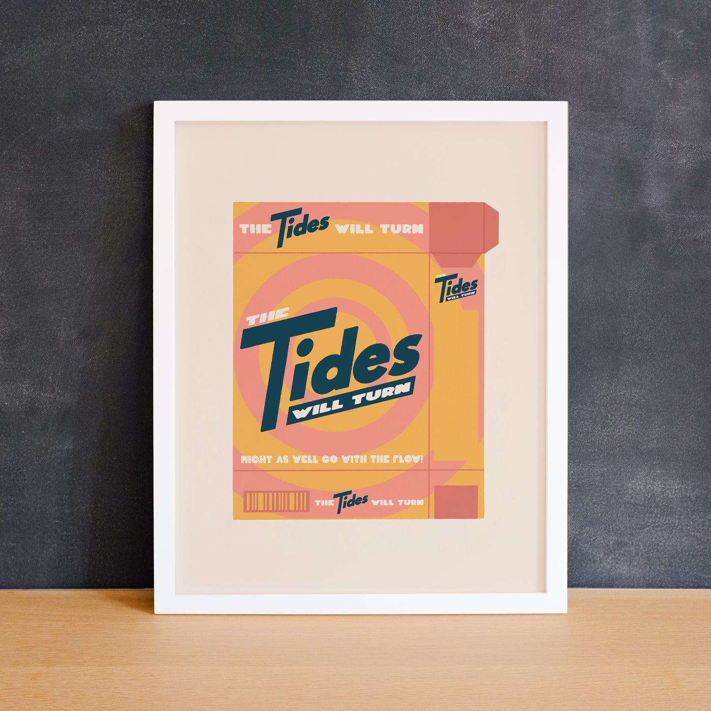 Illustration of a laundry detergent box with the phrase "the tides will turn". Made in Canada by Mad Love Creative Co.