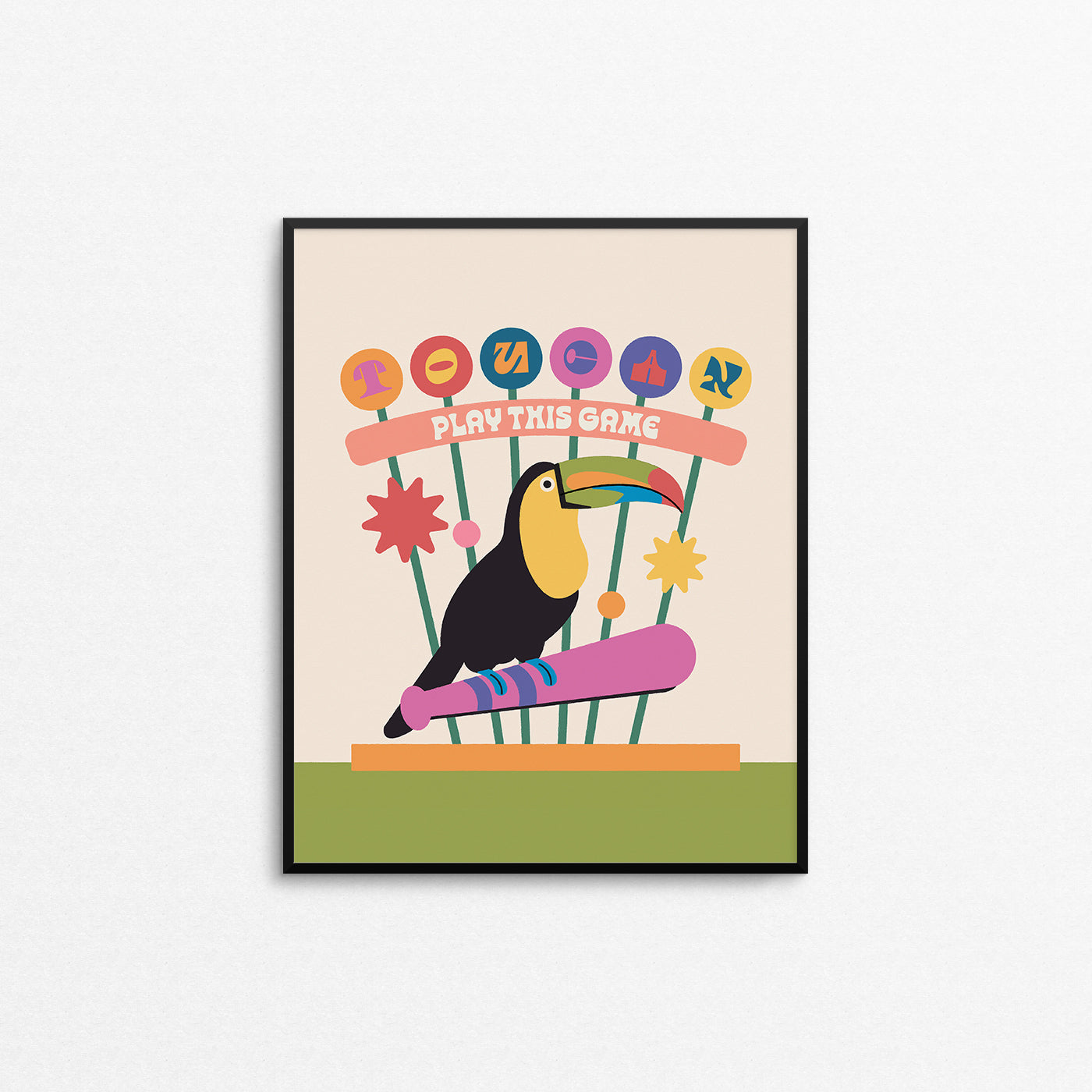 Fun colourful print of a toucan on a baseball bat with the phrase "toucan play this game". Made in Canada by Mad Love Creative Co.