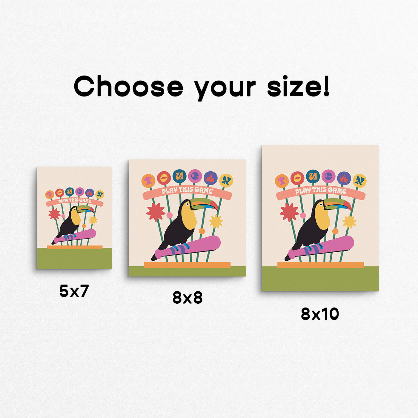 Fun colourful print of a toucan on a baseball bat with the phrase "toucan play this game". Made in Canada by Mad Love Creative Co.