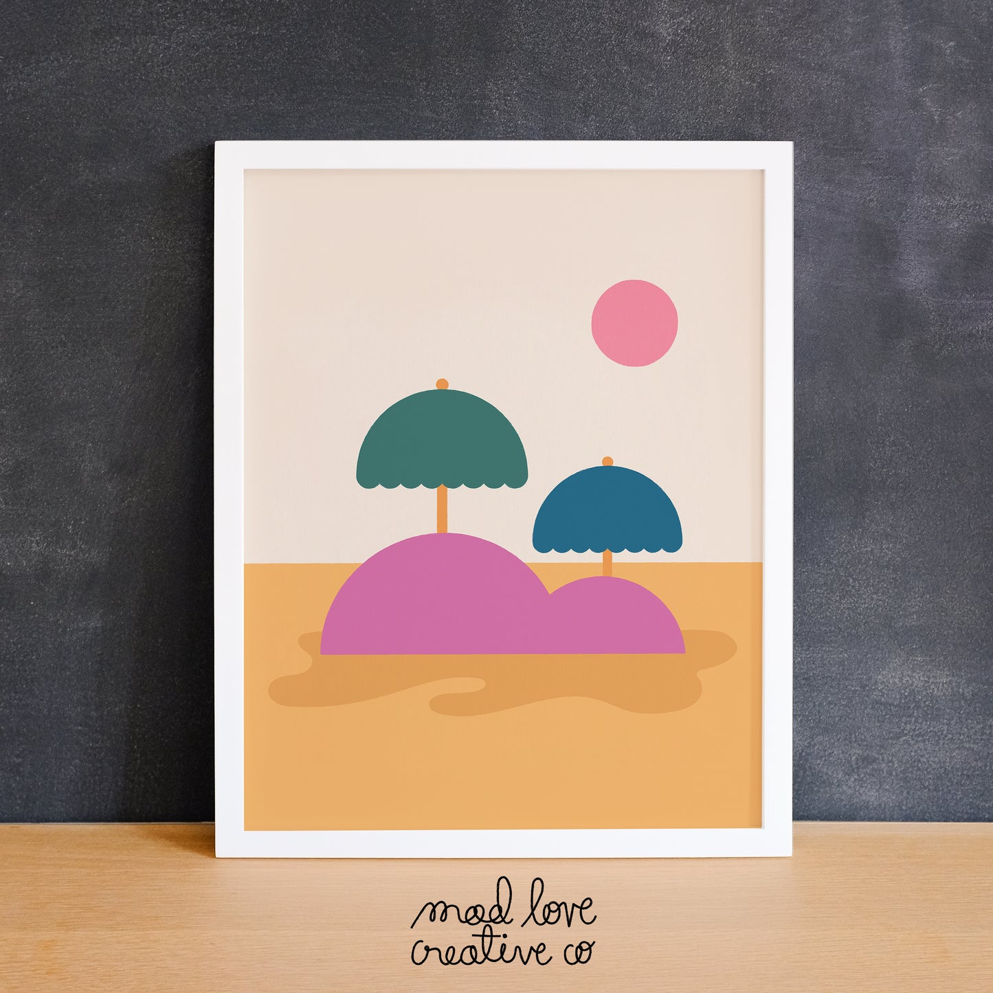 Fun abstract print of an island with umbrella trees. Made in Canada by Mad Love Creative Co.