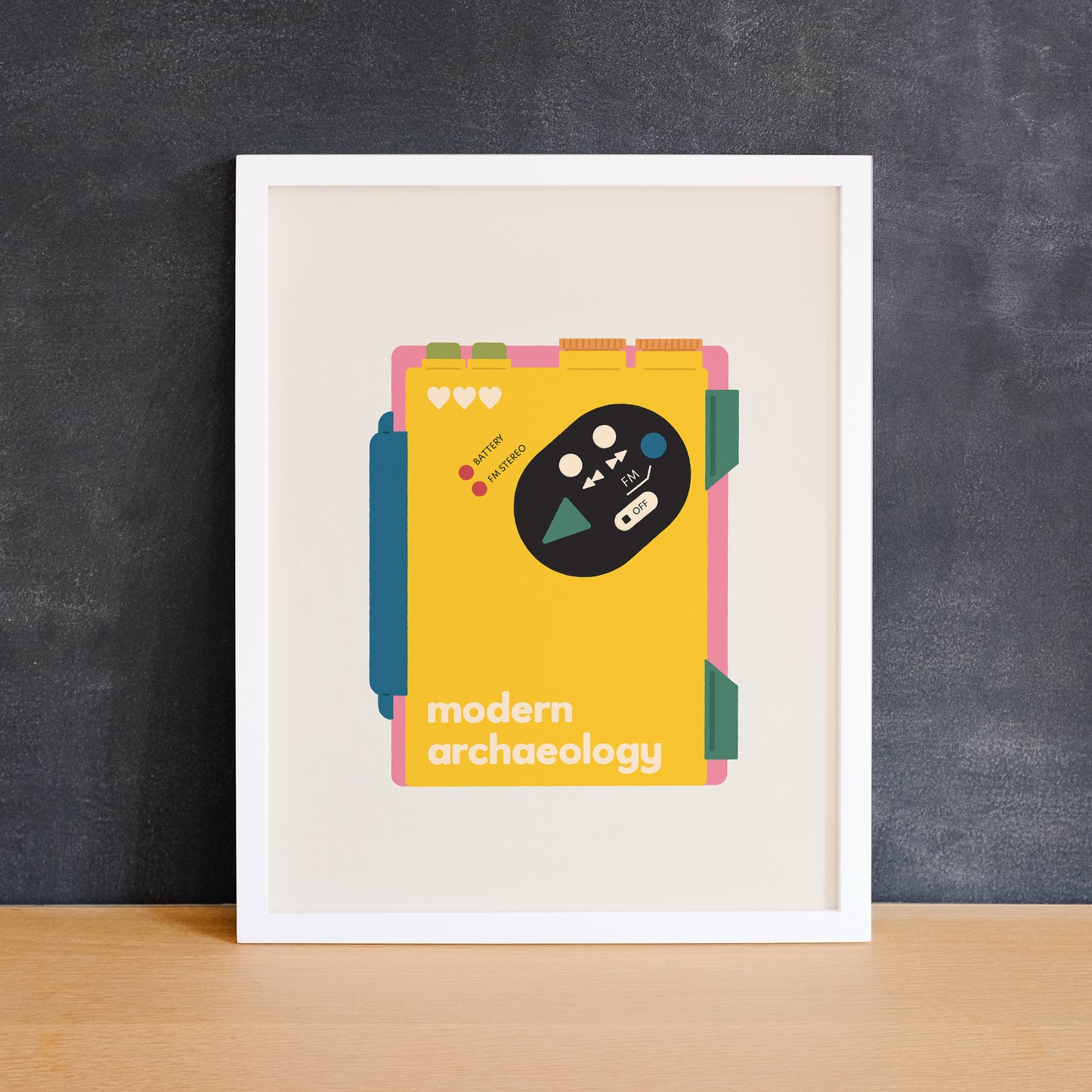 Colourful print of a retro Walkman tape player. Made in Canada by Mad Love Creative Co.