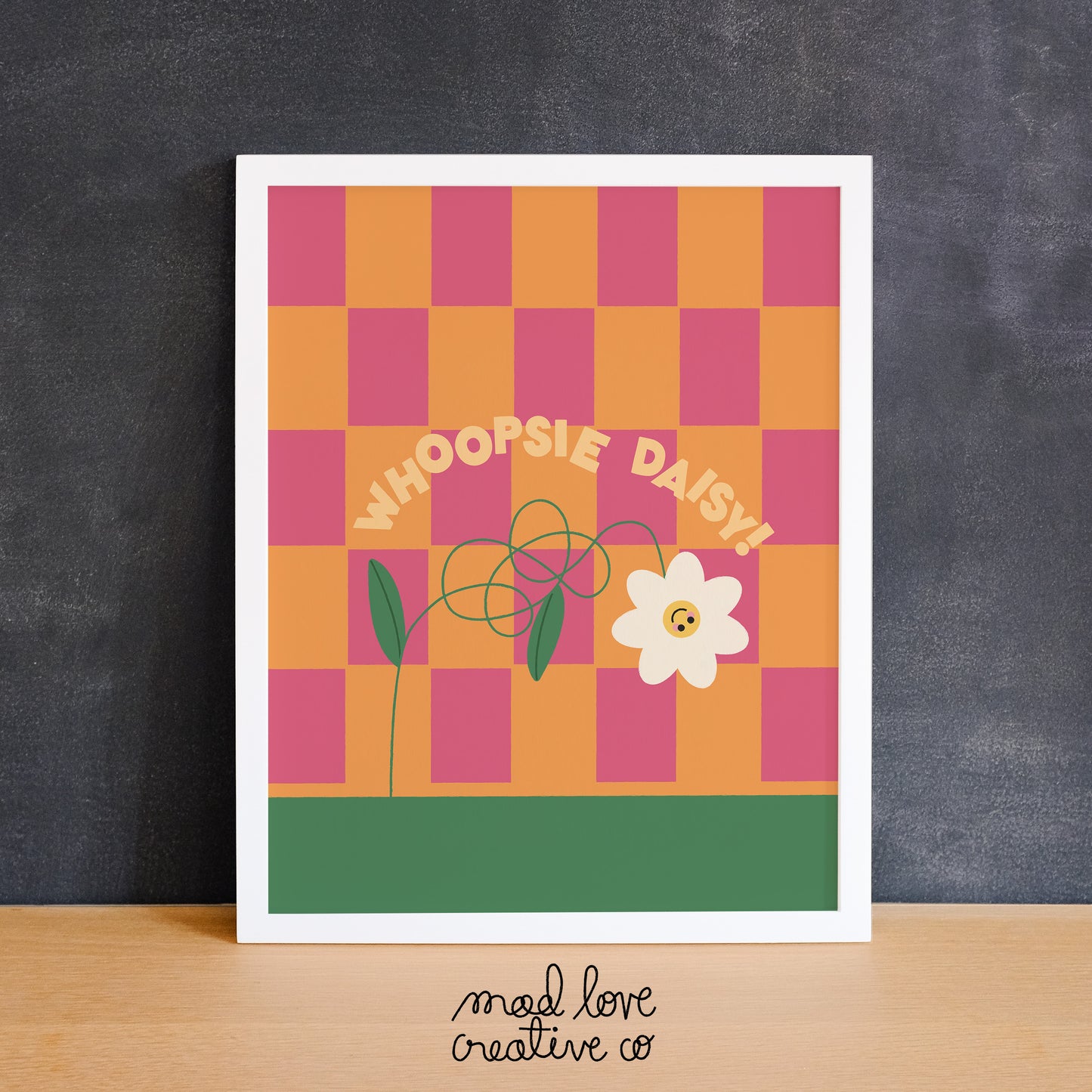 Cute checkered print of a daisy with a tangled stem with the phrase "whoopsie daisy". Made in Canada by Mad Love Creative Co.