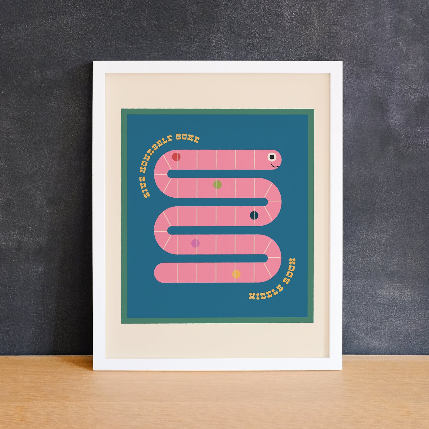 Cute print of a worm with the text "give yourself some wiggle room". Made in Canada by Mad Love Creative Co.