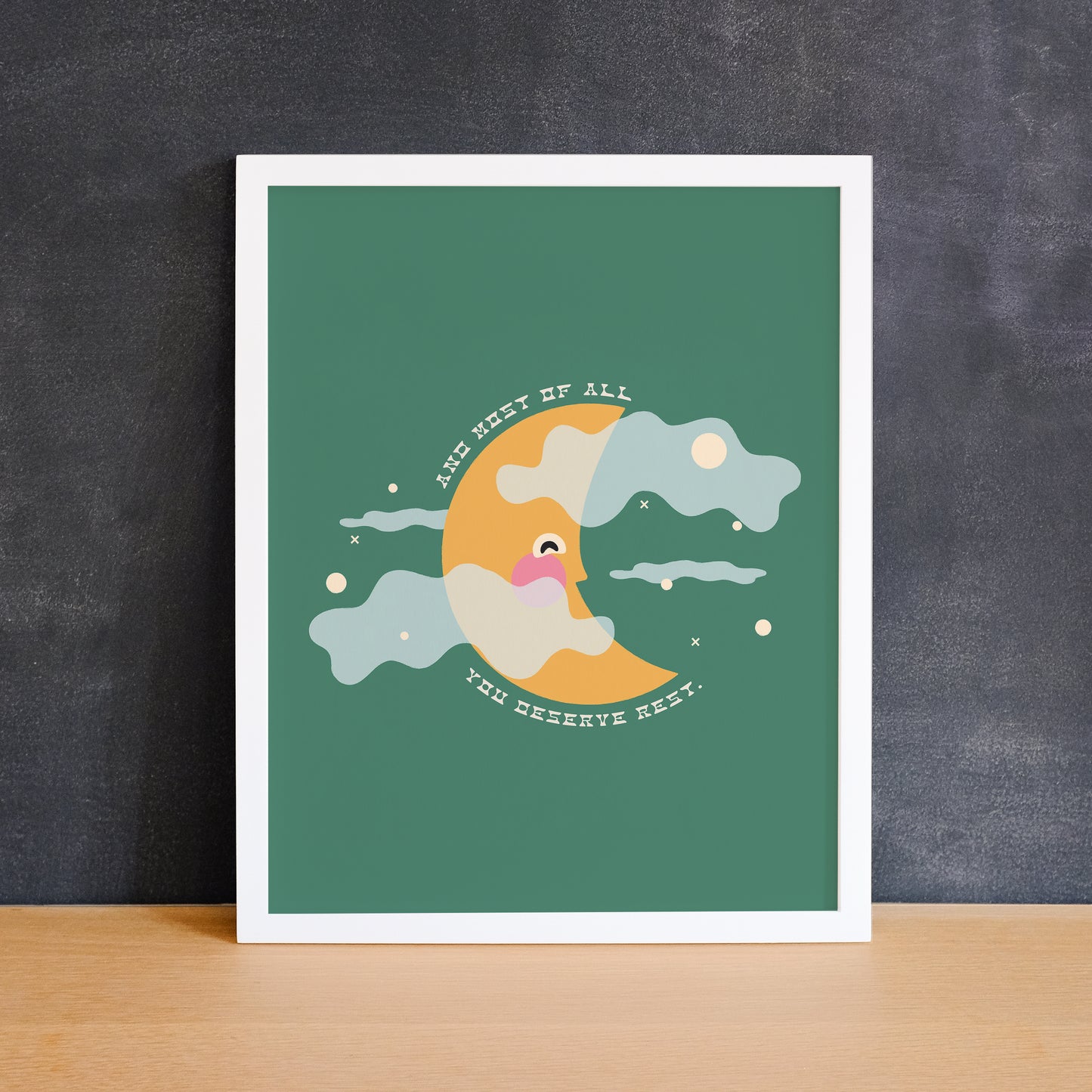 Cute illustration of a smiling crescent moon with the phrase "you deserve rest". Made in Canada by Mad Love Creative Co.