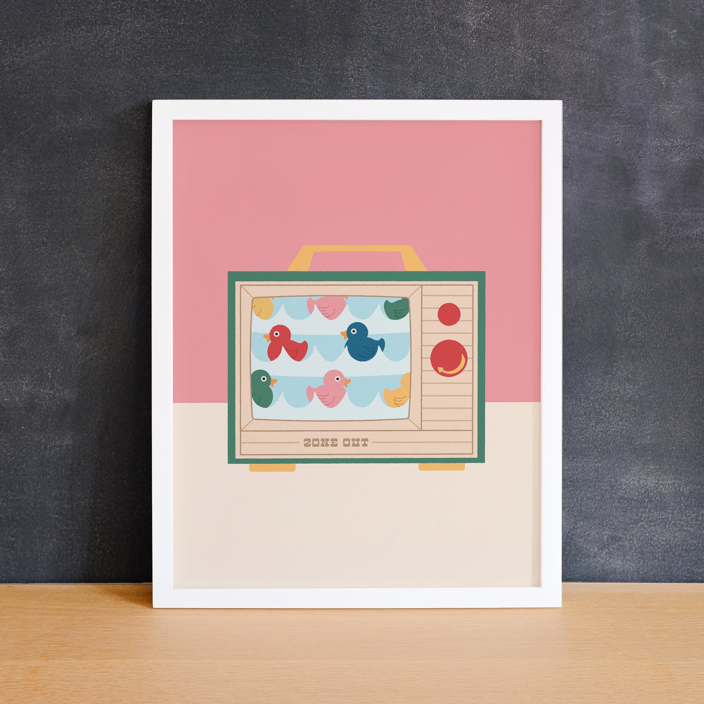 Cute print of a retro kid's toy with ducks. Made in Canada by Mad Love Creative Co.