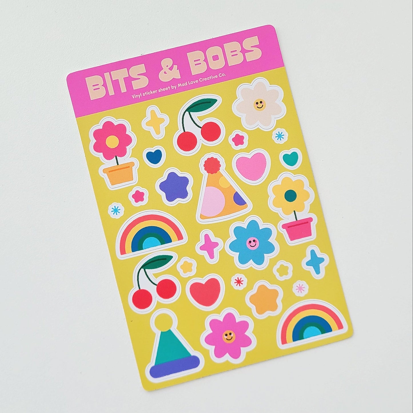 Colourful sticker sheet featuring various shapes with the title "BIts & Bobs". Made in Canada by Mad Love Creative Co. 