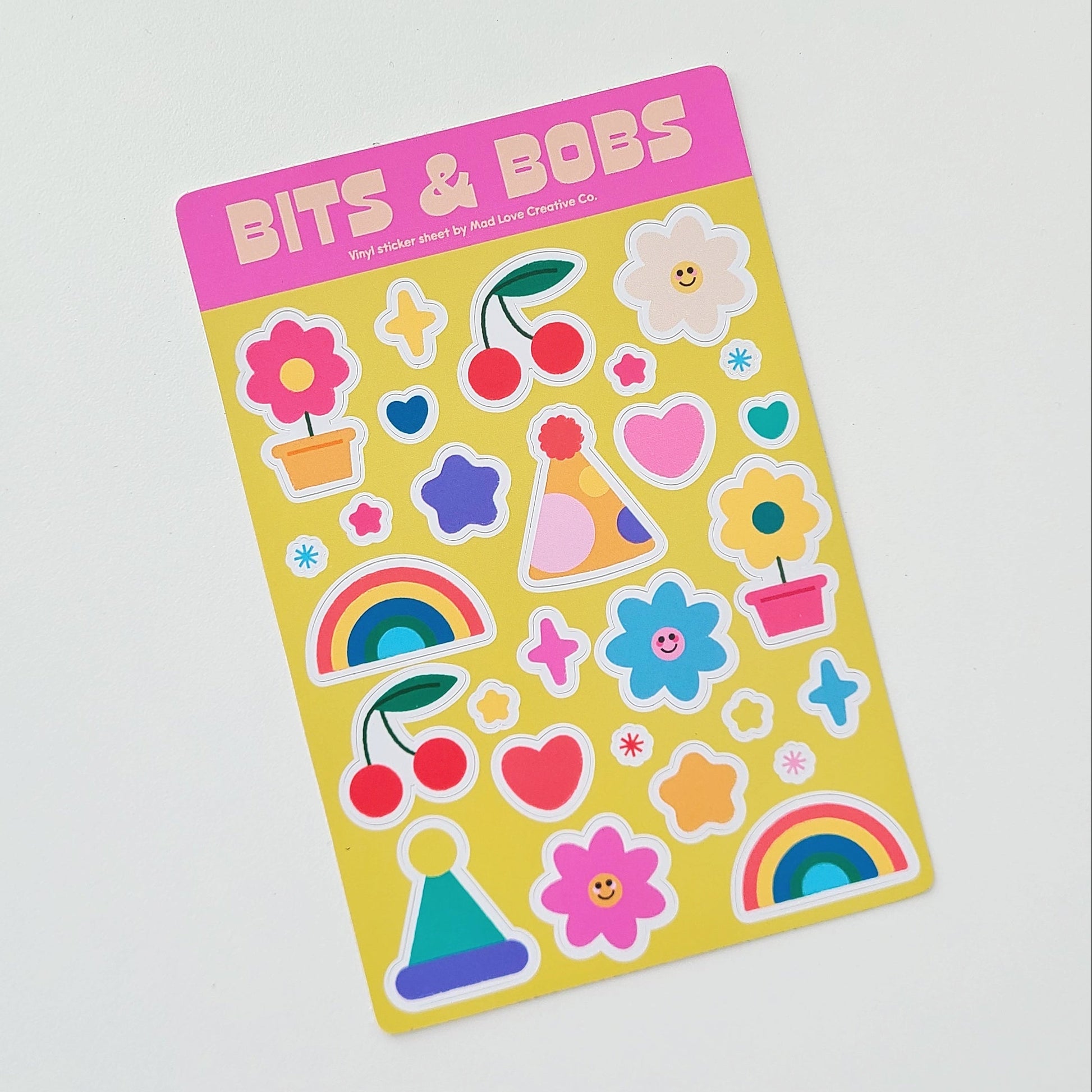 Colourful sticker sheet featuring various shapes with the title "BIts & Bobs". Made in Canada by Mad Love Creative Co. 