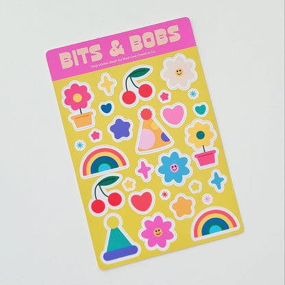 Colourful sticker sheet featuring various shapes with the title "BIts & Bobs". Made in Canada by Mad Love Creative Co. 