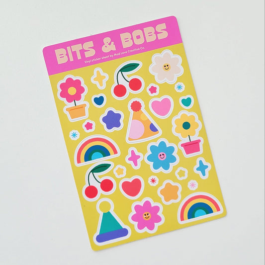 Colourful sticker sheet featuring various shapes with the title "BIts & Bobs". Made in Canada by Mad Love Creative Co. 