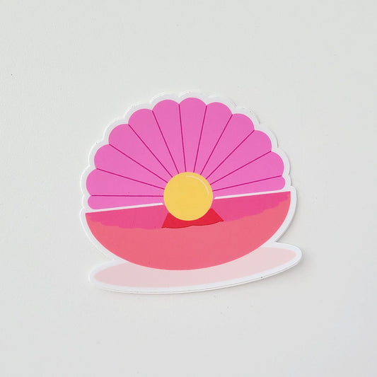 Colourful sticker of a pink oyster with a gold pearl. Made in Canada by Mad Love Creative Co. 