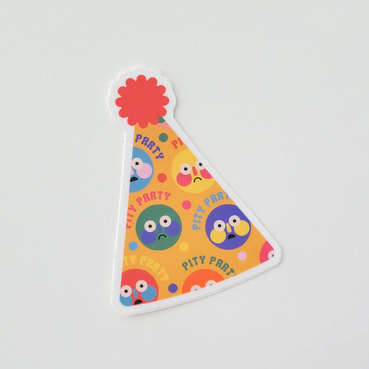 Colorful party hat sticker with the text "pity party" on a light gray background