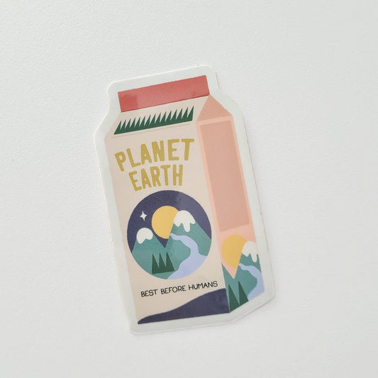 Sticker in the shape of a milk carton with 'Planet Earth' text and nature graphics on a white background.