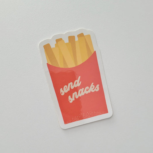 Sticker of a red box of fries with 'send snacks' text on a gray background