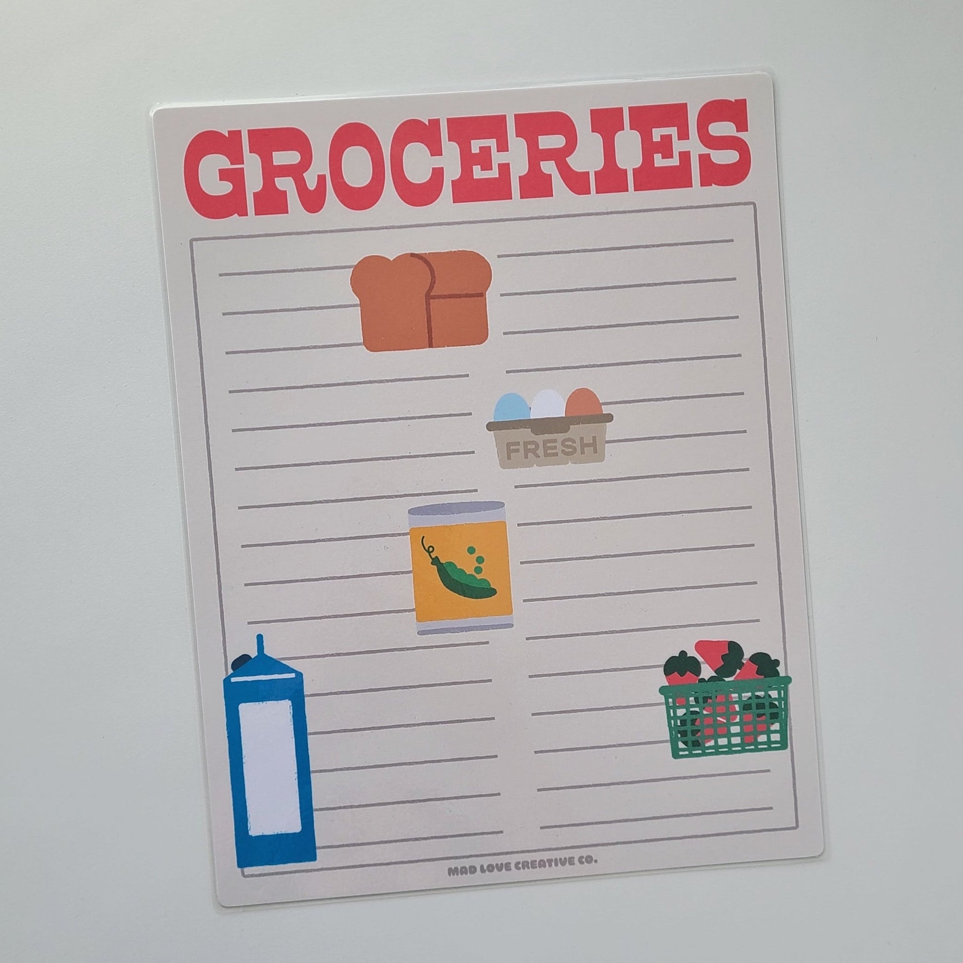 Groceries list with illustrations on a white background