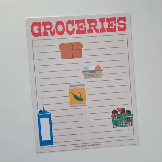 Groceries list with illustrations on a white background