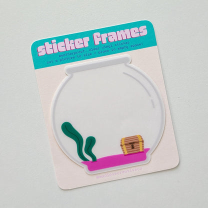 Sticker frame with a fish bowl design on a clear background
