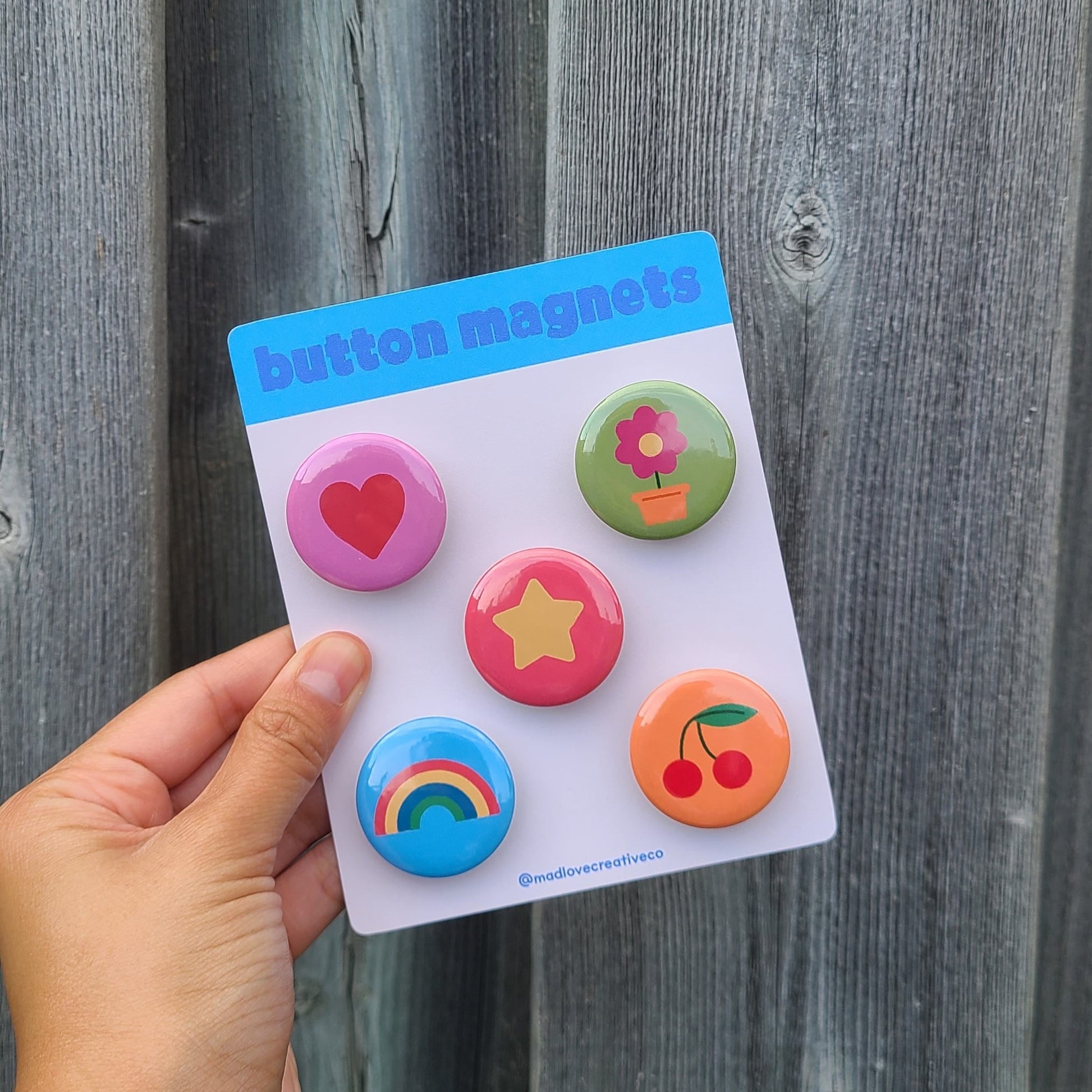 Colourful button magnet set featuring an assortment of cute shapes, handmade in Canada by Mad Love Creative Co. 