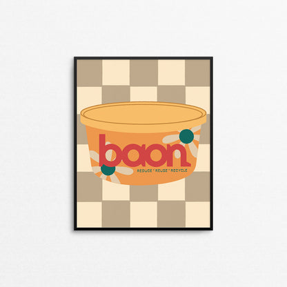 Framed Filipino-themed poster with a yellow tupperware and 'baon' branding on a checkered background. Made in Canada by Mad Love Creative Co. 