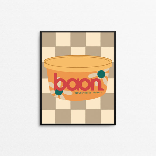 Framed Filipino-themed poster with a yellow tupperware and 'baon' branding on a checkered background. Made in Canada by Mad Love Creative Co. 
