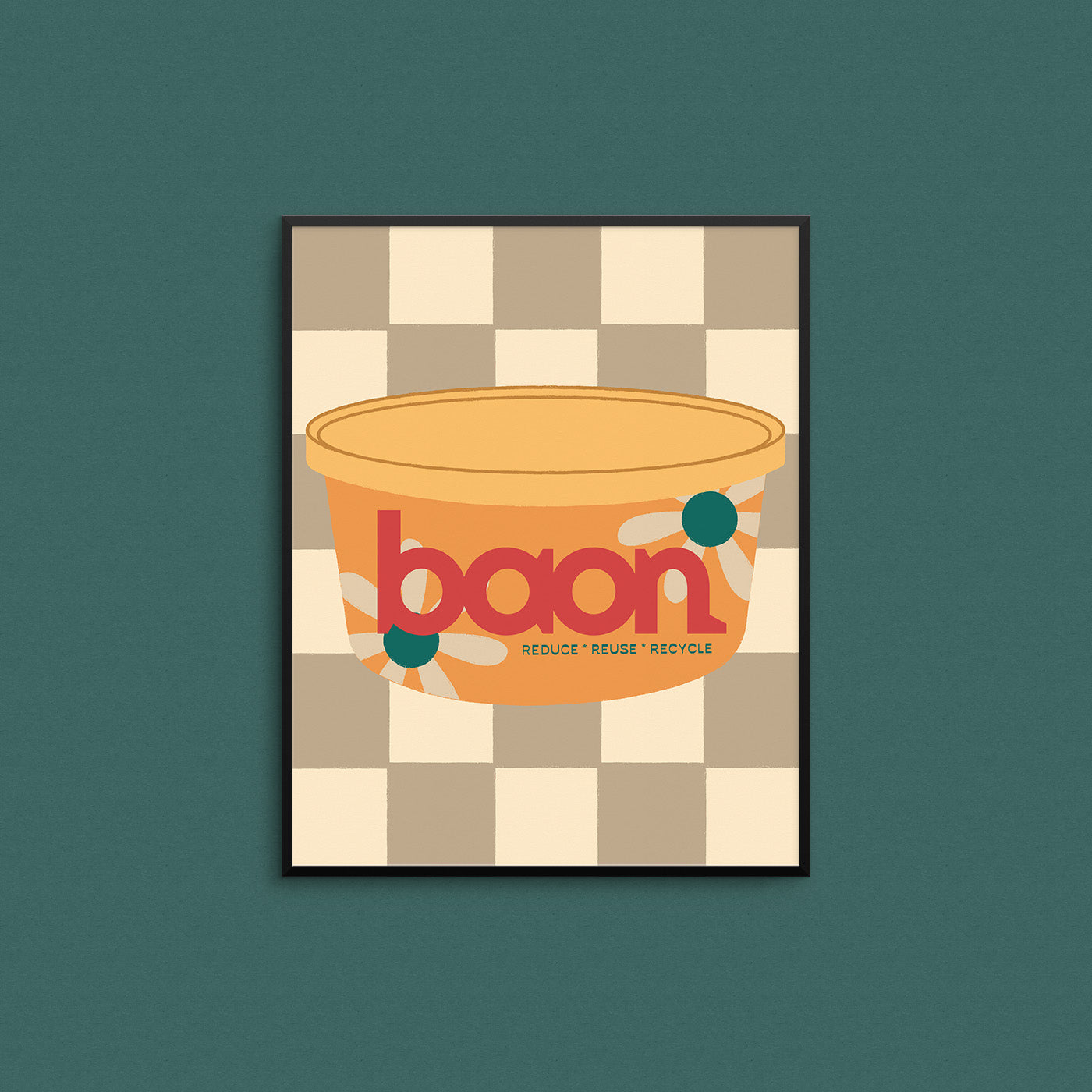 Framed Filipino-themed poster with a yellow tupperware and 'baon' branding on a checkered background. Made in Canada by Mad Love Creative Co. 