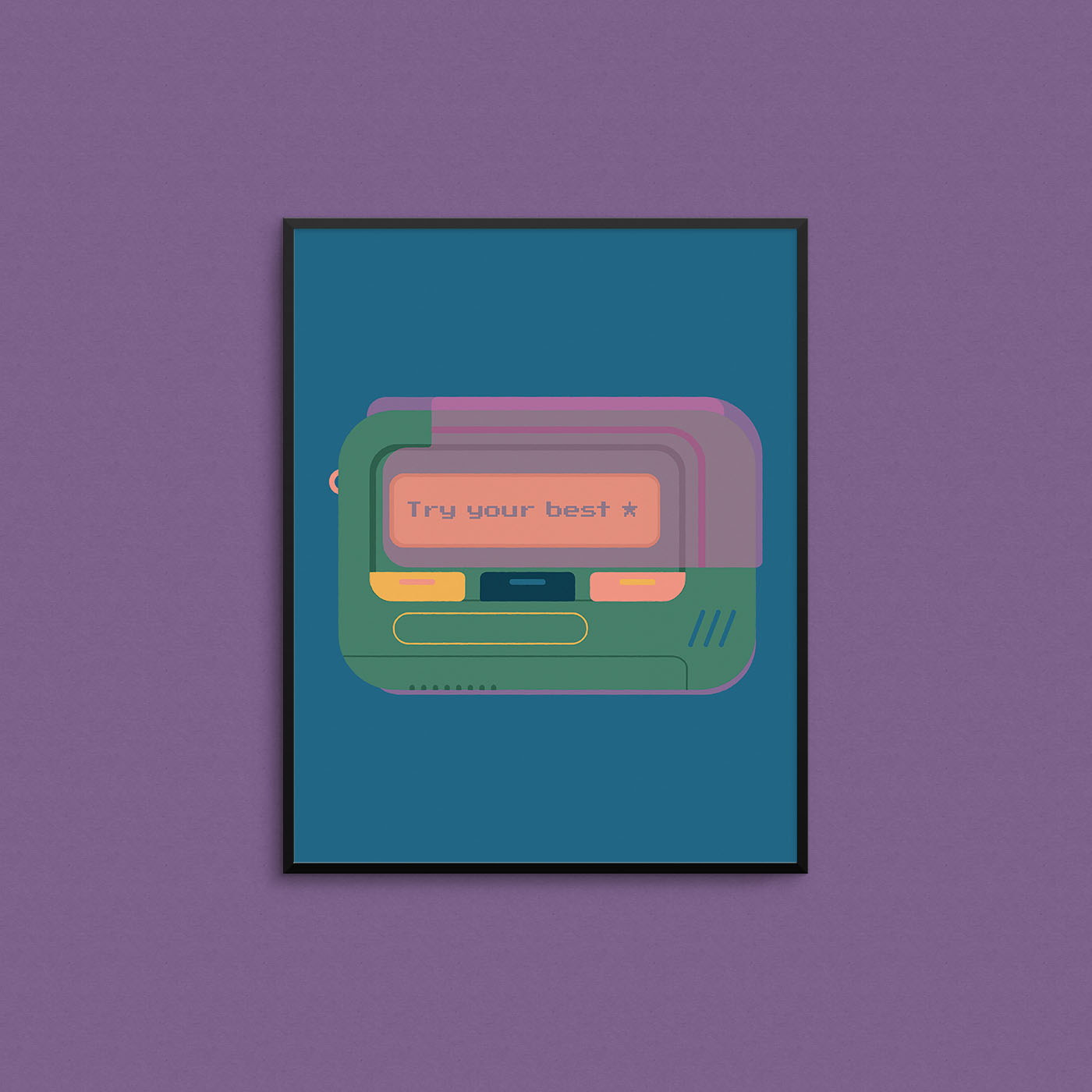 Illustration of a retro beeper with the message "try your best". Made in Canada by Mad Love Creative Co. 