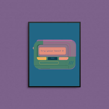 Illustration of a retro beeper with the message "try your best". Made in Canada by Mad Love Creative Co. 