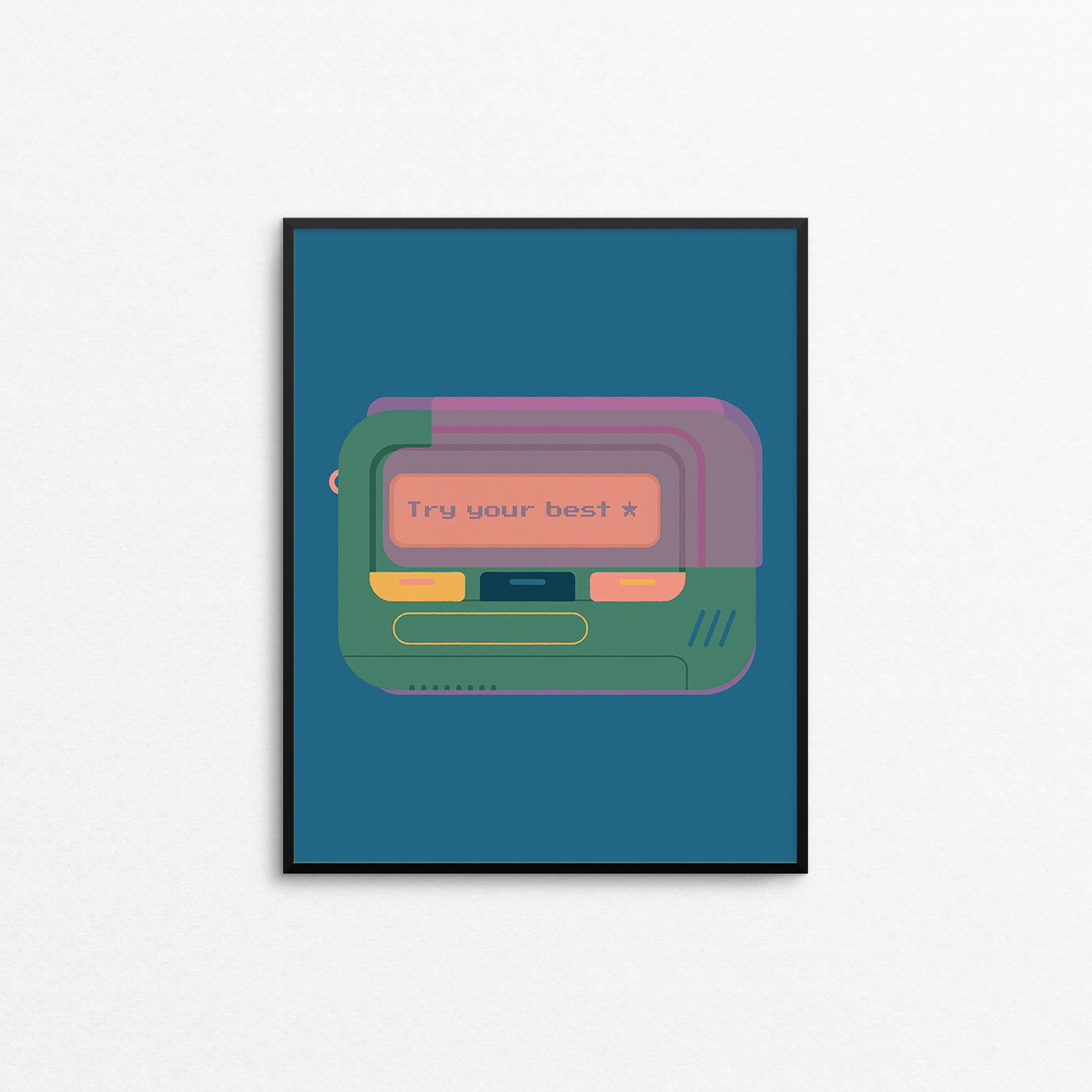 Illustration of a retro beeper with the message "try your best". Made in Canada by Mad Love Creative Co. 