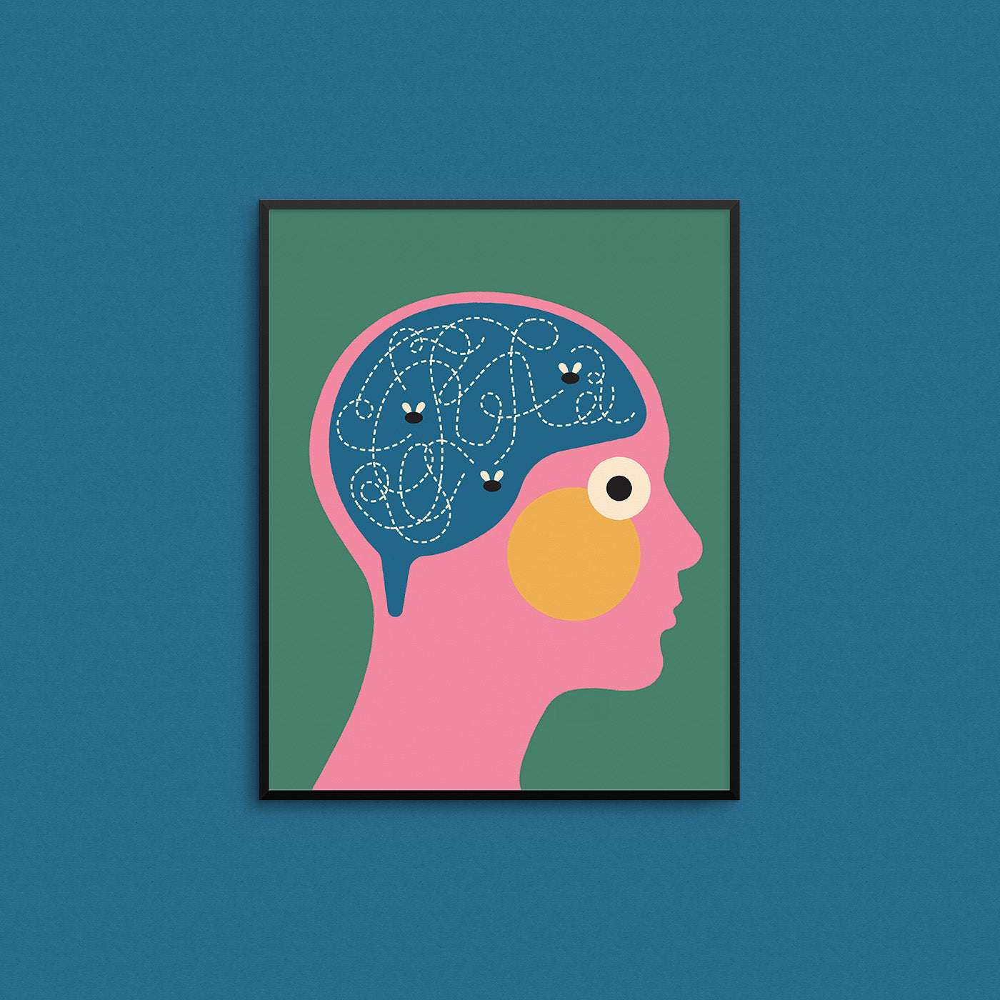Funny print of a face with an open brain that has flies buzzing around it. Made in Canada by Mad Love Creative Co.