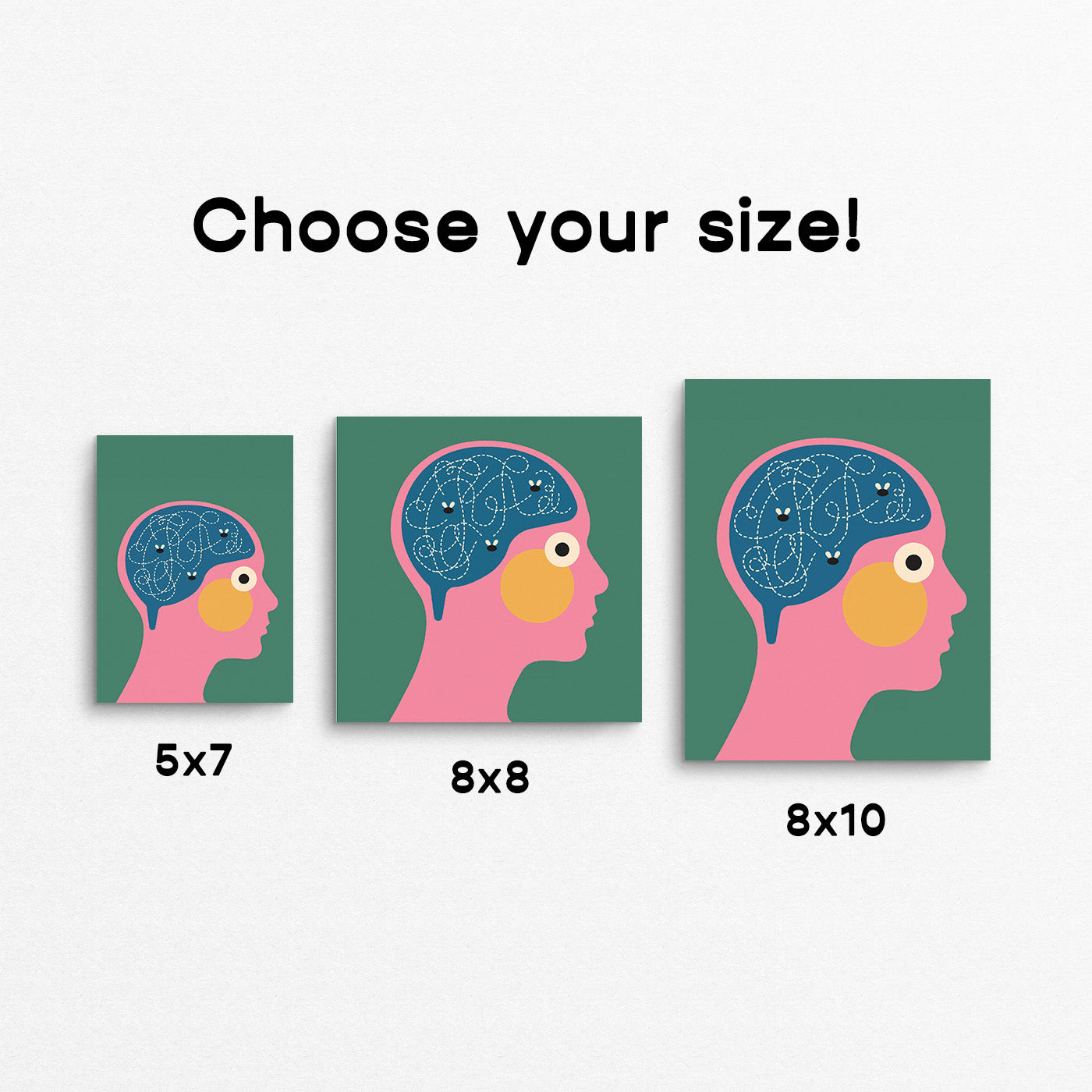 Funny print of a face with an open brain that has flies buzzing around it. Made in Canada by Mad Love Creative Co.