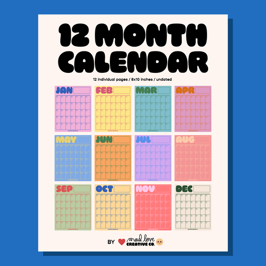 Colourful monthly calendar by Mad Love Creative Co. Preview of all the pages.