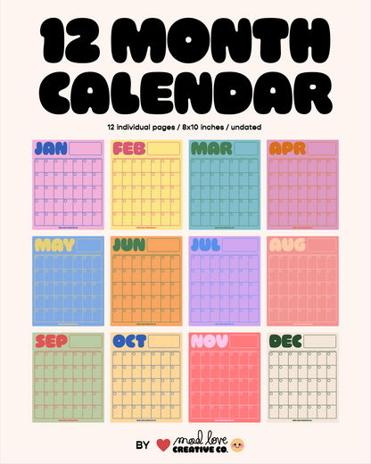 Colourful monthly calendar by Mad Love Creative Co. 