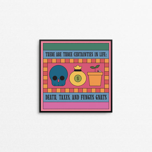 Funny plant parent print with a skull, money bag, and small planter that says "there are three certainties in life: death, taxes, and fungus gnats. Made in Canada by Mad Love Creative Co.