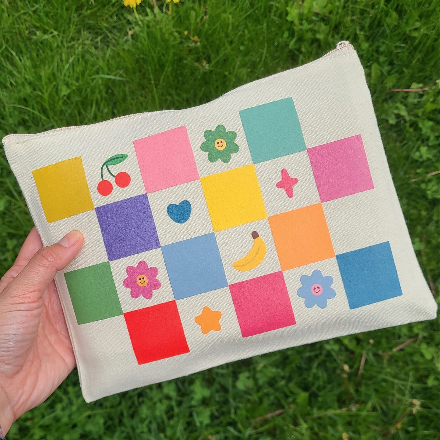 Colourful functional checkered pouch. Made in Canada by Mad Love Creative Co. 