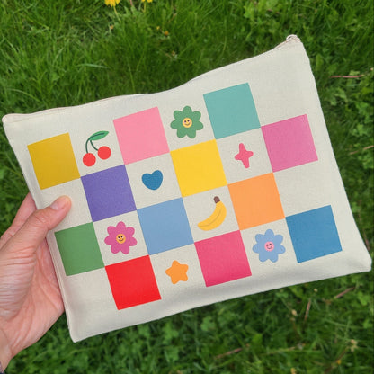 Colourful functional checkered pouch. Made in Canada by Mad Love Creative Co. 