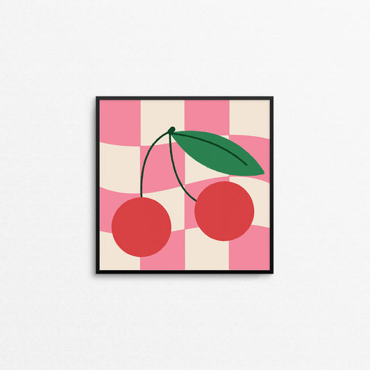 Cute print of a pair of cherries on a pink checkered background. Made in Canada by Mad Love Creative Co. 