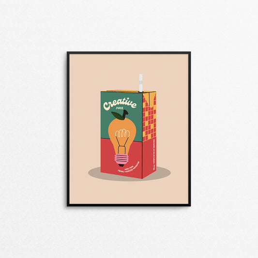 Cute print of a juice box with an orange lightbulb that says "creative juice". Made in Canada by Mad Love Creative Co.