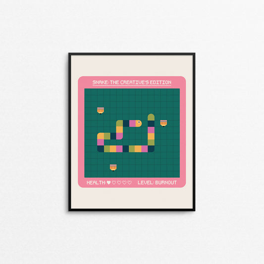 Colourful print showing the retro snake game but with a creative twist. Made in Canada by Mad Love Creative Co.
