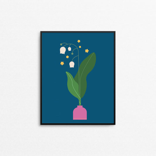 Bright coloured floral print featuring a lily of the valley and five gold stars. Made in Canada by Mad Love Creative Co. 