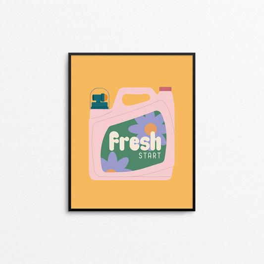 Print of a laundry detergent bottle on a yellow background with the phrase "fresh start". Made in Canada by Mad Love Creative Co. 
