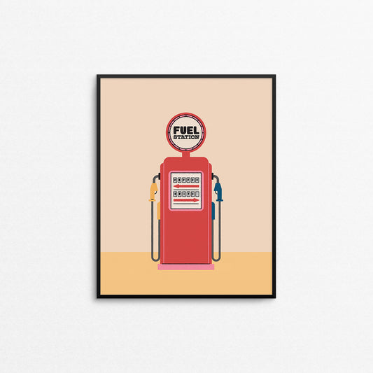 Funny print featuring a retro gas pump with coffee and spite as options. Made in Canada by Mad Love Creative Co. 