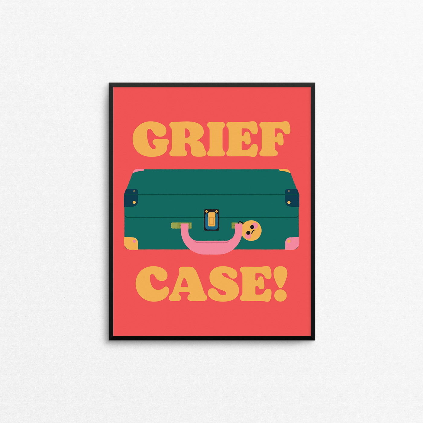 Framed artwork with a suitcase illustration and 'Grief Case!' text on a red background. Made in Canada by Mad Love Creative Co.