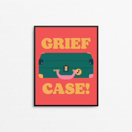 Framed artwork with a suitcase illustration and 'Grief Case!' text on a red background. Made in Canada by Mad Love Creative Co.